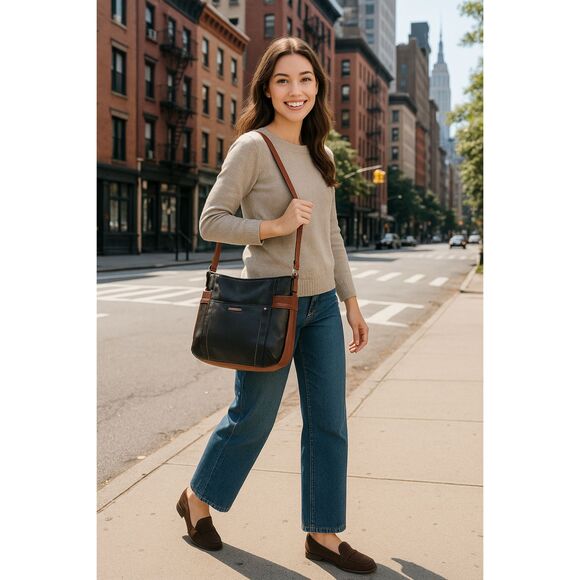 Stone and Co Shoulder Bag Black Brown Outside Zipper Pocket Faux Leather - Picture 1 of 10